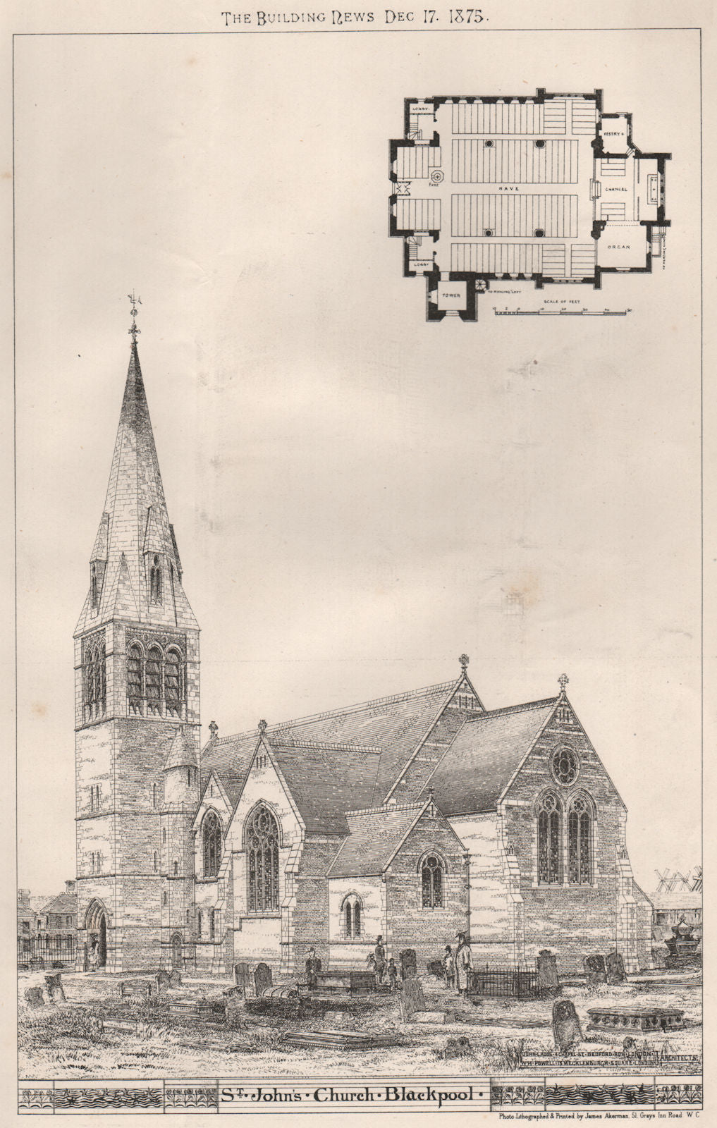 St. John's Church, Blackpool                 . Lancashire 1875 old print